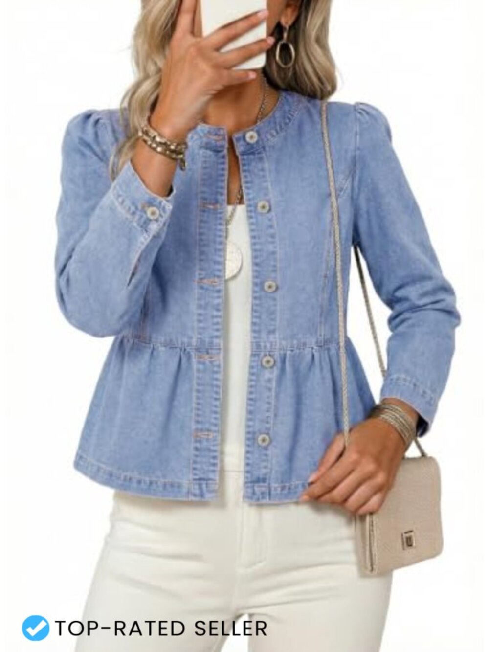 Cropped Jean Jacket Women Button Down Collarless Cinched Waist Denim Jacket